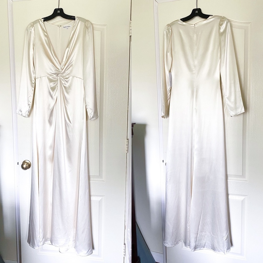 Reformation Dress Delphi Silk Slit Long-Sleeve Wedding‎ Maxi Ivory 2 FLAW - Picture 2 of 14